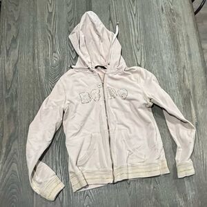 BCBGMaxAzria Sweatshirt Hooded Full Zip Jeweled Logo Long Sleeve Taupe Large Y2K